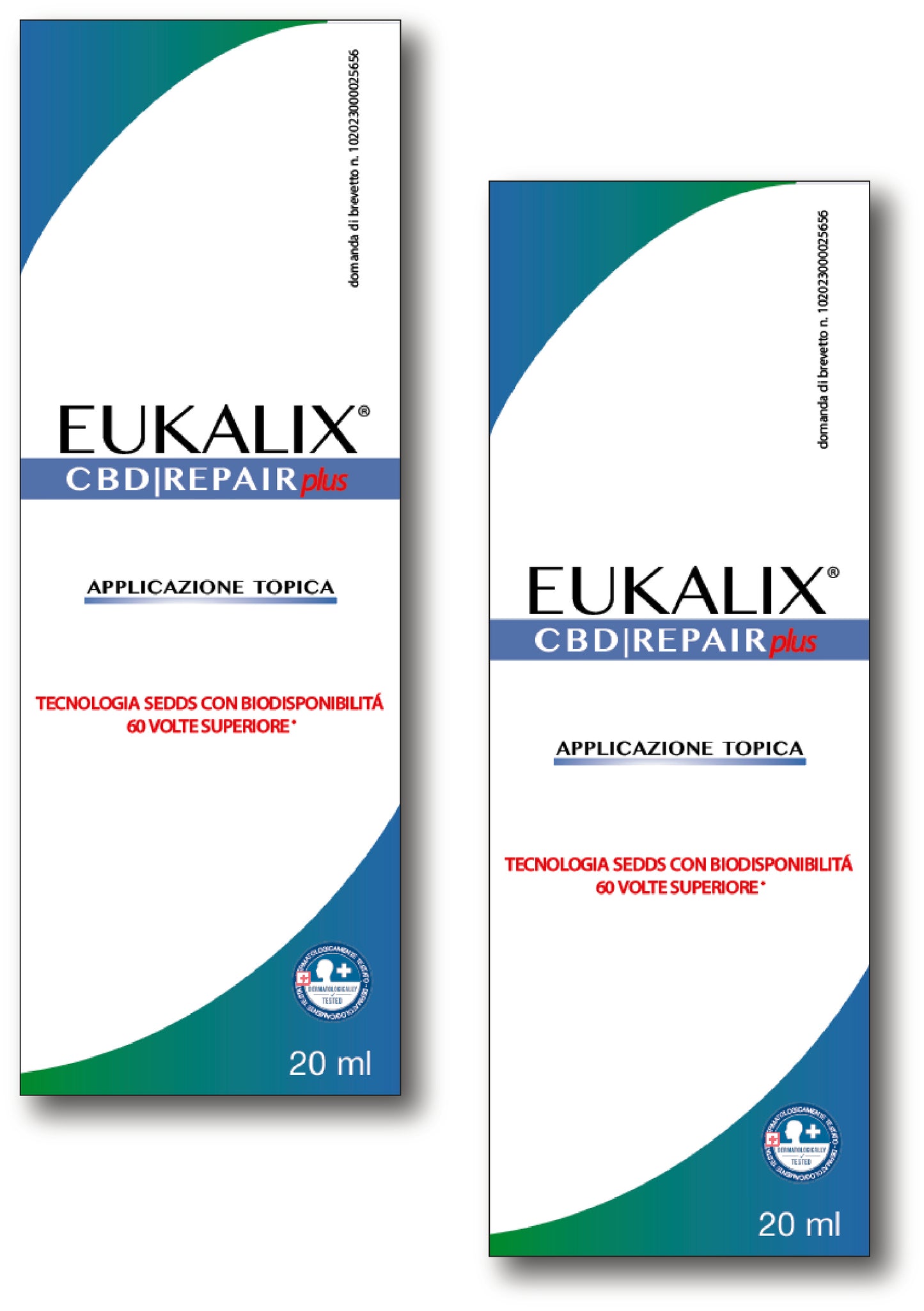 Two EUKALIX Repair Plus CBD topical formulations in a bundle, featuring white and green packaging for skin relief.
