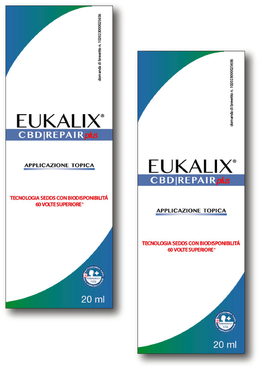 Two EUKALIX Repair Plus CBD topical formulations in a bundle, featuring white and green packaging for skin relief.