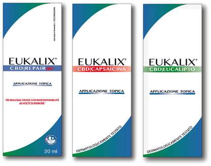 EUKALIX All-In topical bundle with capsaicin, eucalyptus, and Repair Plus, featuring CBD for soothing skin application.