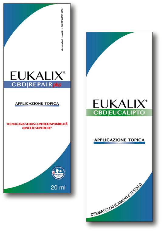 EUKALIX Repair Plus + Eucalipto CBD topical formulation in a bundle package, with eucalyptus leaves and product packaging visible.