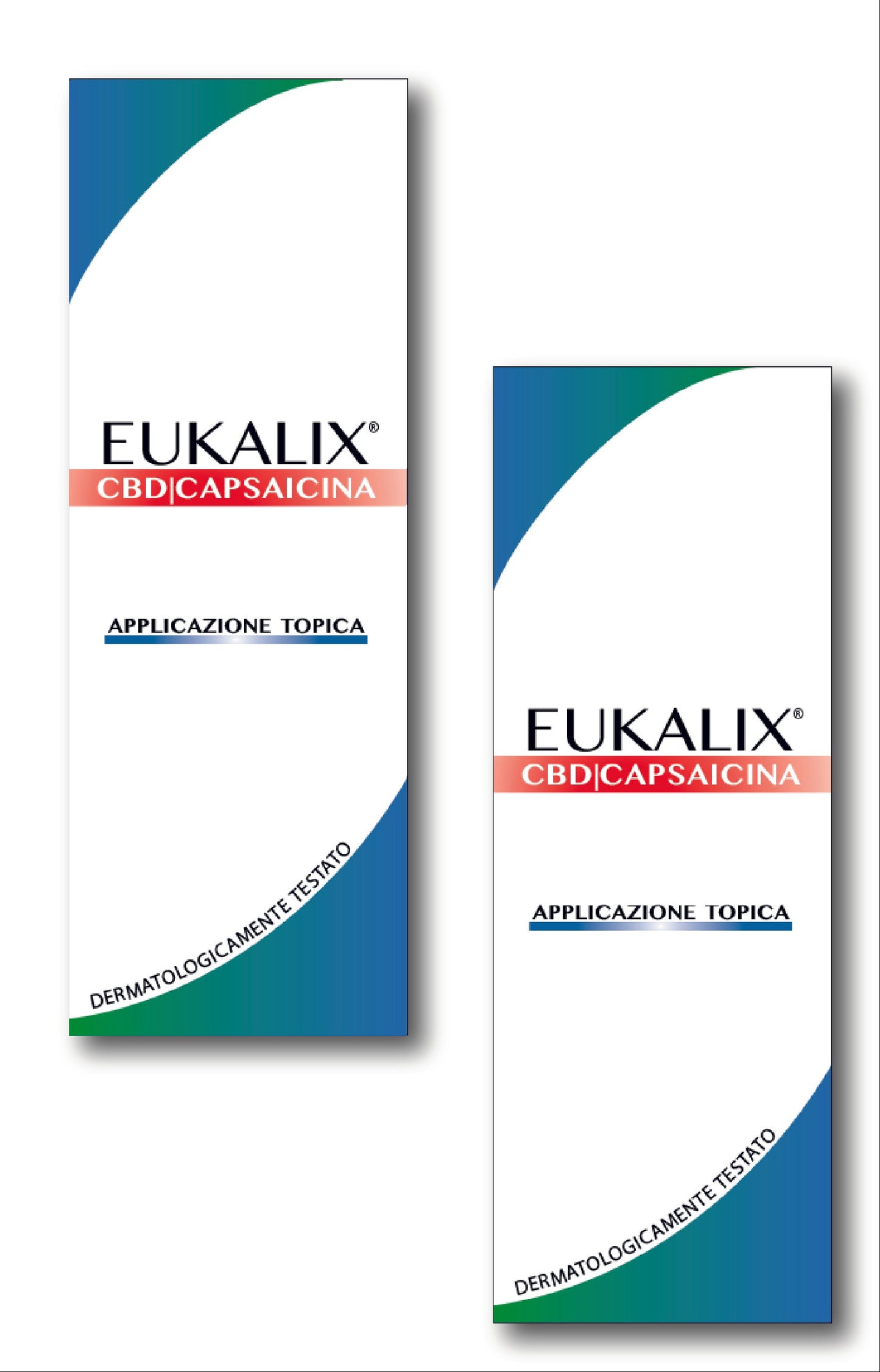 Two EUKALIX® Capsaicina topical formulation packages with CBD, featuring red and white packaging for pain relief and skin soothing.