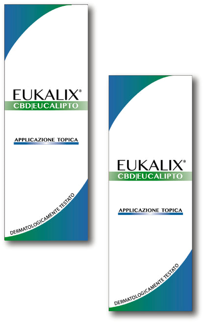 Bundle of two EUKALIX® eucalyptus CBD topical formulations with fresh eucalyptus leaves and product bottles.