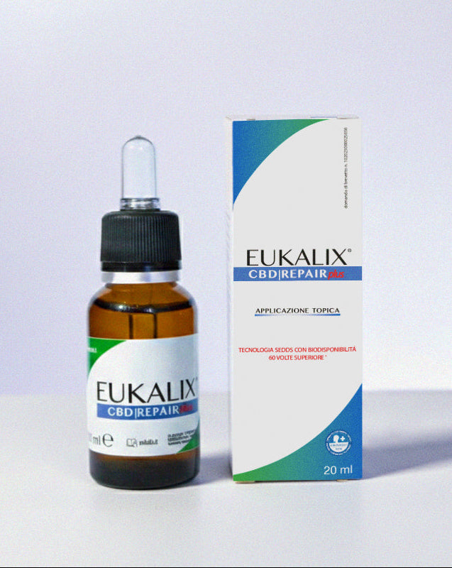 EUKALIX All-In Capsaicina, Eucalipto, Repair Plus CBD topical formulation in a package with capsules and a jar.