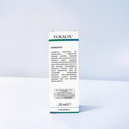 EUKALIX All-In Capsaicina, Eucalipto, Repair Plus CBD topical formula in a package, visible side view showing product packaging.